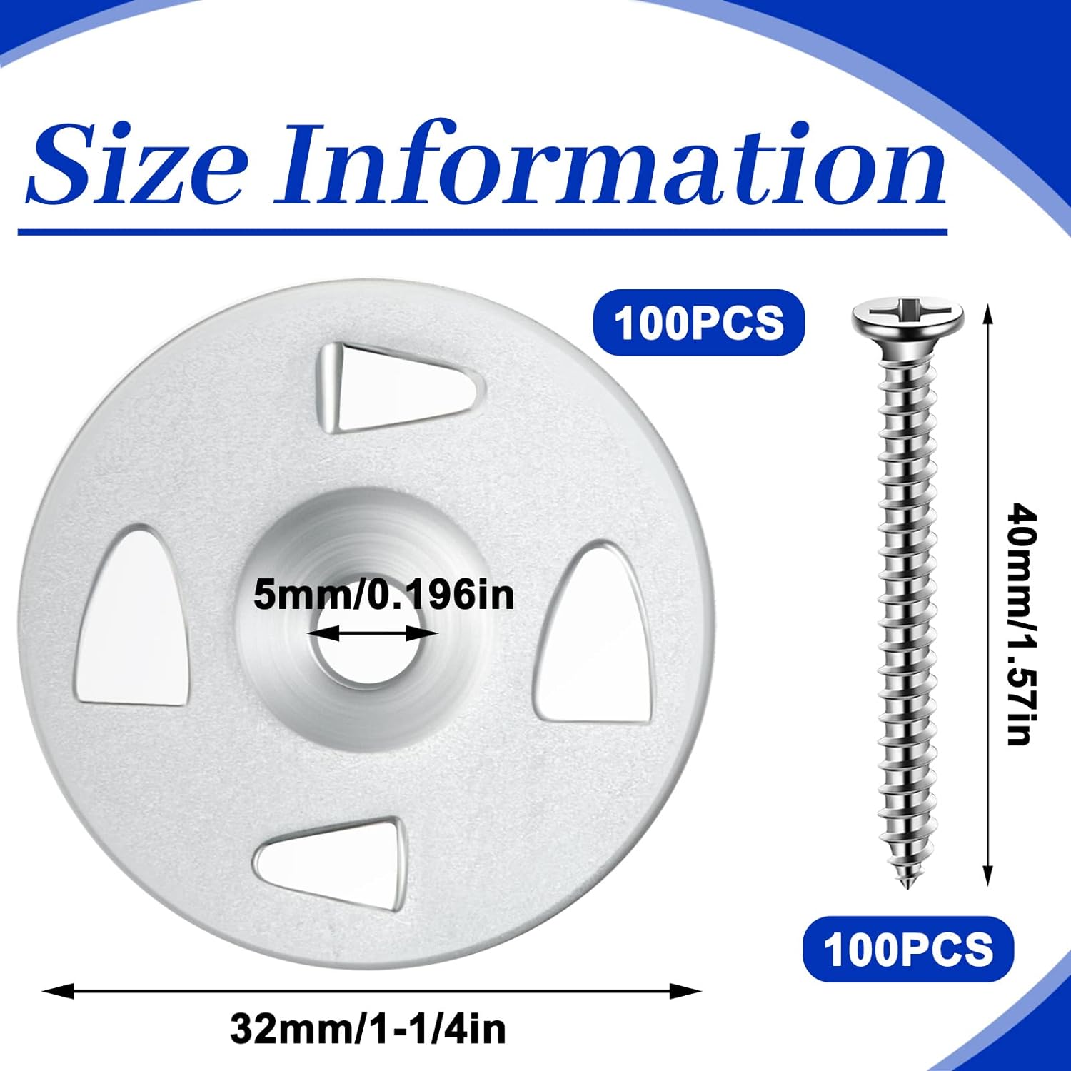 Board Fasteners Hardware Set 100 Pcs 1-1/4 Inch Stainless Steel Washers and 100 Pcs Screws for Fixing Fastening Installation - Image 2